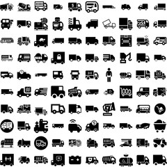Collection Of 100 Truck Icons Set Isolated Solid Silhouette Icons Including Transportation, Truck, Shipping, Delivery, Freight, Transport, Trucking Infographic Elements Vector Illustration Logo