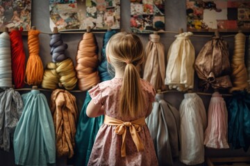 Obraz premium Seamstress child girl a lot of clothes. Generate Ai