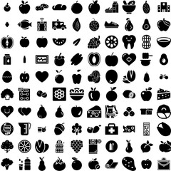 Collection Of 100 Healthy Icons Set Isolated Solid Silhouette Icons Including Vegetable, Healthy, Food, Fresh, Diet, Organic, Lifestyle Infographic Elements Vector Illustration Logo