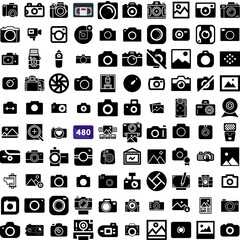 Collection Of 100 Photography Icons Set Isolated Solid Silhouette Icons Including Camera, Photo, Technology, Photography, Photographer, Lens, Equipment Infographic Elements Vector Illustration Logo