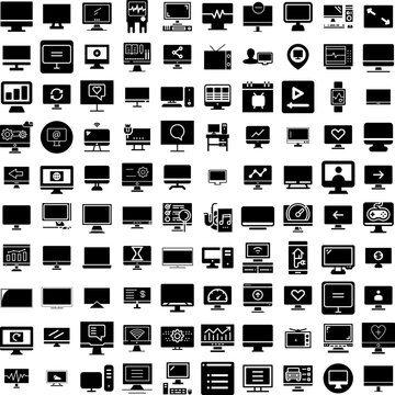 Collection Of 100 Monitor Icons Set Isolated Solid Silhouette Icons Including Isolated, Computer, Display, Technology, Monitor, Business, Screen Infographic Elements Vector Illustration Logo
