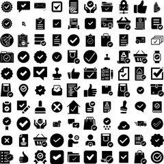 Collection Of 100 Approved Icons Set Isolated Solid Silhouette Icons Including Approve, Business, Seal, Stamp, Sign, Approval, Icon Infographic Elements Vector Illustration Logo