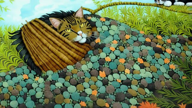 Generative ai naive animation of illustration of cats,plants and flowers. Digital image painted manipulation hand painted style.