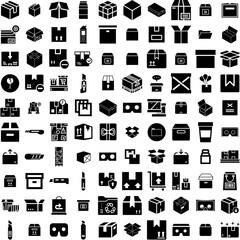 Collection Of 100 Cardboard Icons Set Isolated Solid Silhouette Icons Including Blank, Empty, Carton, Paper, Brown, Background, Cardboard Infographic Elements Vector Illustration Logo