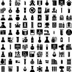 Collection Of 100 Chemical Icons Set Isolated Solid Silhouette Icons Including Medical, Toxic, Science, Equipment, Laboratory, Chemistry, Chemical Infographic Elements Vector Illustration Logo
