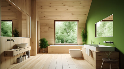 Fototapeta na wymiar Wooden bathroom design. Decorated with green plants. AI generated