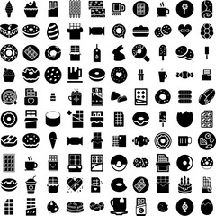 Collection Of 100 Chocolate Icons Set Isolated Solid Silhouette Icons Including Brown, Chocolate, Cocoa, Sweet, Dessert, Isolated, Food Infographic Elements Vector Illustration Logo