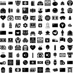 Collection Of 100 China Icons Set Isolated Solid Silhouette Icons Including Asia, Travel, Flag, Chinese, War, China, Country Infographic Elements Vector Illustration Logo