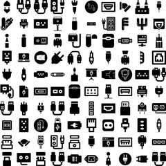 Collection Of 100 Connector Icons Set Isolated Solid Silhouette Icons Including Power, Cable, Electricity, Plug, Connection, Connector, Technology Infographic Elements Vector Illustration Logo