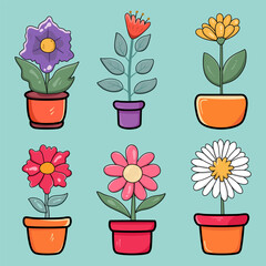 Cute colorful flower in flower pot doodle vector set