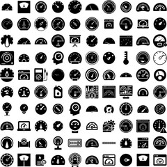 Collection Of 100 Gauge Icons Set Isolated Solid Silhouette Icons Including Indicator, Level, Power, Icon, Vector, Gauge, Meter Infographic Elements Vector Illustration Logo