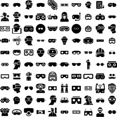 Collection Of 100 Goggles Icons Set Isolated Solid Silhouette Icons Including Protection, Equipment, Goggles, Illustration, Glasses, Vector, Isolated Infographic Elements Vector Illustration Logo