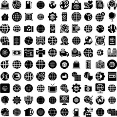 Collection Of 100 Global Icons Set Isolated Solid Silhouette Icons Including Global, Business, Internet, Network, Background, Technology, Concept Infographic Elements Vector Illustration Logo