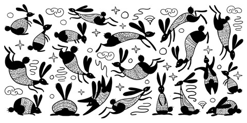 Happy chinese new year 2023 of the rabbit zodiac sign. Funny Bunnies concept art. Christamas background. Vector illustration