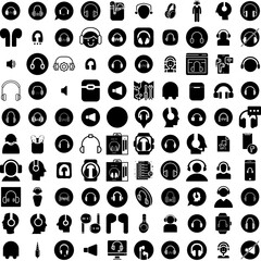 Collection Of 100 Headphones Icons Set Isolated Solid Silhouette Icons Including Stereo, Technology, Headset, Equipment, Music, Sound, Audio Infographic Elements Vector Illustration Logo - obrazy, fototapety, plakaty