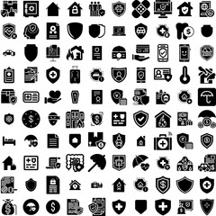 Collection Of 100 Insurance Icons Set Isolated Solid Silhouette Icons Including Safety, Protect, Business, Service, Health, Finance, Family Infographic Elements Vector Illustration Logo