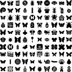 Collection Of 100 Insect Icons Set Isolated Solid Silhouette Icons Including Dragonfly, Insect, Ladybug, Vector, Beetle, Set, Bug Infographic Elements Vector Illustration Logo