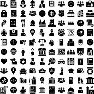 Collection Of 100 Justice Icons Set Isolated Solid Silhouette Icons Including Justice, Judge, Court, Law, Legal, Lawyer, Balance Infographic Elements Vector Illustration Logo