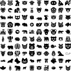 Collection Of 100 Mammal Icons Set Isolated Solid Silhouette Icons Including Nature, Isolated, Wild, Mammal, Wildlife, Animal, Fauna Infographic Elements Vector Illustration Logo