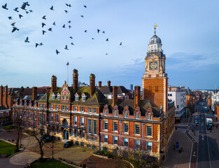 Aerial view of Leicester Town hall in Leicester, a city in England’s East Midlands region