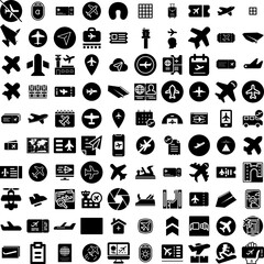 Collection Of 100 Plane Icons Set Isolated Solid Silhouette Icons Including Flight, Aircraft, Plane, Travel, Fly, Airplane, Transport Infographic Elements Vector Illustration Logo