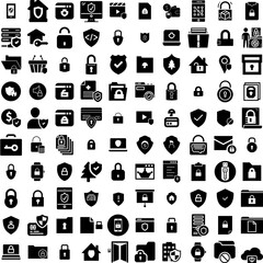 Collection Of 100 Protected Icons Set Isolated Solid Silhouette Icons Including Secure, Safety, Shield, Protection, Technology, Protect, Concept Infographic Elements Vector Illustration Logo