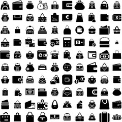 Collection Of 100 Purse Icons Set Isolated Solid Silhouette Icons Including Fashion, Bag, Background, Woman, Handbag, Purse, Female Infographic Elements Vector Illustration Logo