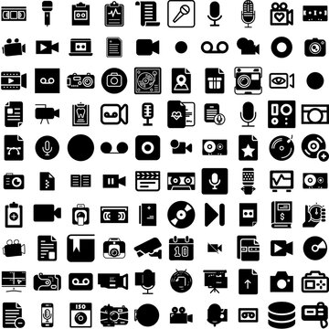 Collection Of 100 Record Icons Set Isolated Solid Silhouette Icons Including Sound, Retro, Record, Music, Album, Vintage, Vinyl Infographic Elements Vector Illustration Logo
