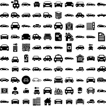 Collection Of 100 Rental Icons Set Isolated Solid Silhouette Icons Including Auto, Automobile, Rental, Car, Rent, Vehicle, Business Infographic Elements Vector Illustration Logo
