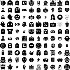 Collection Of 100 Scary Icons Set Isolated Solid Silhouette Icons Including Background, Scary, Spooky, Dark, Halloween, Night, Horror Infographic Elements Vector Illustration Logo
