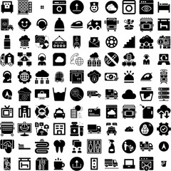 Collection Of 100 Services Icons Set Isolated Solid Silhouette Icons Including Customer, Support, Office, Call, Service, Person, Business Infographic Elements Vector Illustration Logo