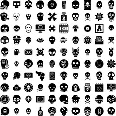 Collection Of 100 Skull Icons Set Isolated Solid Silhouette Icons Including Death, Human, Dead, Skull, Horror, Bone, Skeleton Infographic Elements Vector Illustration Logo