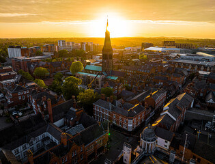 Aerial view of Leicester cathedral in Leicester, a city in England’s East Midlands region