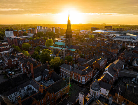 Aerial view of Leicester cathedral in Leicester, a city in England&rsquo;s East Midlands region