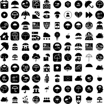 Collection Of 100 Umbrella Icons Set Isolated Solid Silhouette Icons Including Umbrella, Protection, Handle, Weather, Season, Open, Parasol Infographic Elements Vector Illustration Logo