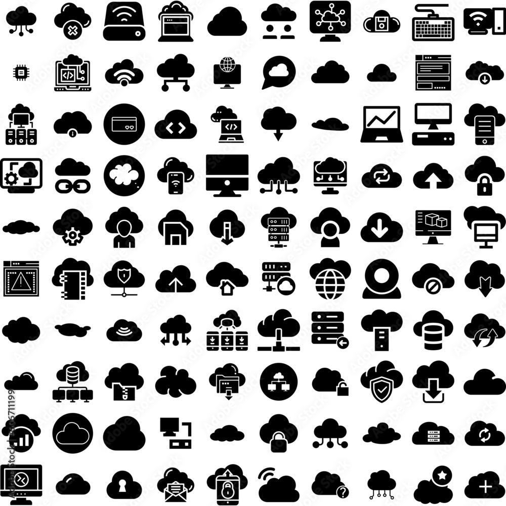 Wall mural Collection Of 100 Computing Icons Set Isolated Solid Silhouette Icons Including Screen, Business, Computer, Laptop, Technology, Modern, Display Infographic Elements Vector Illustration Logo