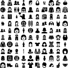 Collection Of 100 Woman Icons Set Isolated Solid Silhouette Icons Including Background, Happy, Beautiful, Female, Woman, Young, Girl Infographic Elements Vector Illustration Logo