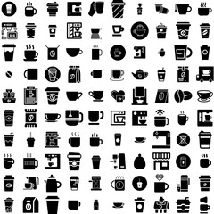 Collection Of 100 Coffee Icons Set Isolated Solid Silhouette Icons Including Beverage, Cafe, Coffee, Background, Black, Espresso, Drink Infographic Elements Vector Illustration Logo