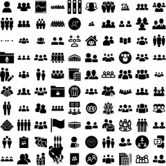 Collection Of 100 Group Icons Set Isolated Solid Silhouette Icons Including Happy, Team, Group, Together, Friendship, People, Community Infographic Elements Vector Illustration Logo