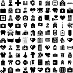 Collection Of 100 Healthcare Icons Set Isolated Solid Silhouette Icons Including Health, Medical, Medicine, Hospital, Clinic, Doctor, Care Infographic Elements Vector Illustration Logo