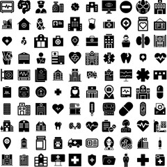 Collection Of 100 Hospital Icons Set Isolated Solid Silhouette Icons Including Medical, Care, Doctor, Health, Hospital, Clinic, Patient Infographic Elements Vector Illustration Logo
