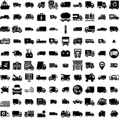 Collection Of 100 Truck Icons Set Isolated Solid Silhouette Icons Including Shipping, Delivery, Trucking, Truck, Transport, Freight, Transportation Infographic Elements Vector Illustration Logo