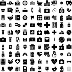 Collection Of 100 Medicine Icons Set Isolated Solid Silhouette Icons Including Health, Hospital, Pharmacy, Medical, Treatment, Medicine, Drug Infographic Elements Vector Illustration Logo