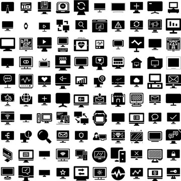 Collection Of 100 Monitor Icons Set Isolated Solid Silhouette Icons Including Computer, Technology, Screen, Monitor, Isolated, Display, Business Infographic Elements Vector Illustration Logo