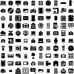 Collection Of 100 Electronic Icons Set Isolated Solid Silhouette Icons Including Technology, Electronic, Digital, Electronics, Device, Computer, Equipment Infographic Elements Vector Illustration Logo