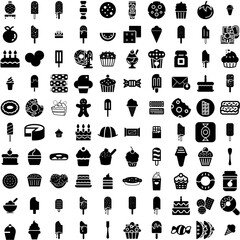 Collection Of 100 Dessert Icons Set Isolated Solid Silhouette Icons Including Sweet, Chocolate, Bakery, Food, Cake, Dessert, Pastry Infographic Elements Vector Illustration Logo