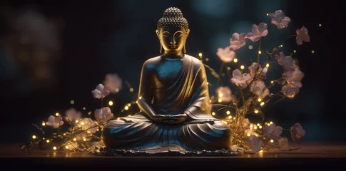 Tuinposter glowing Lotus flowers and gold buddha statue, generative AI   © Kien