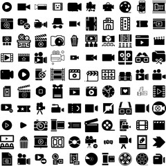 Collection Of 100 Movie Icons Set Isolated Solid Silhouette Icons Including Cinema, Movie, Film, Illustration, Video, Theater, Entertainment Infographic Elements Vector Illustration Logo