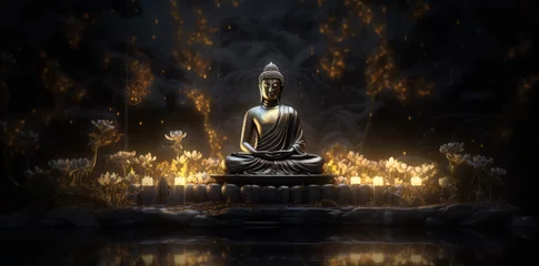 Tuinposter glowing Lotus flowers and gold buddha statue, generative AI   © Kien