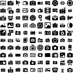 Collection Of 100 Photography Icons Set Isolated Solid Silhouette Icons Including Photographer, Camera, Photography, Equipment, Technology, Photo, Lens Infographic Elements Vector Illustration Logo